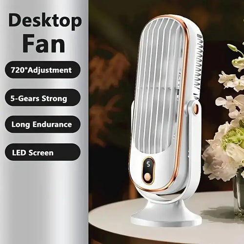 Portable USB Fan | 5 Speeds, 720° Swivel, Quiet Cool Breeze, Air Circulation, Indoor/Outdoor Use, Ideal For Home, Office, Travel - Color: WHITE